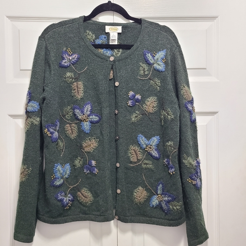 Talbots Floral Embroidered Lambswool Blend Vintage‎ Green Cardigan Large - Picture 16 of 16